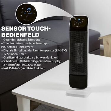 Вентиляторний обігрівач Clatronic з керамічним нагрівальним елементом PTC Регульована температура 15-35 C Охолоджувальний вентилятор Керамічний вентилятор з сенсорною панеллю керування Регульована температура в приміщенні HL 3763