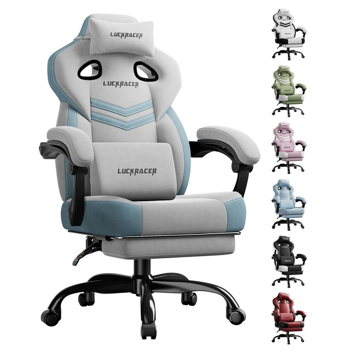 Тканина для ігрового крісла LUCKRACER, офісне крісло з підлокітниками, подушка з піни з ефектом пам&39яті, кут нахилу 90155 та підставка для ніг, міцна функціональна тканина, сіро-сіра тканина
