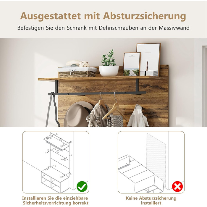 Шафа для одягу Ymkua настінна, шафа для передпокою з лавкою для взуття та подушками, шафа для одягу з вішалкою для одягу та регуль