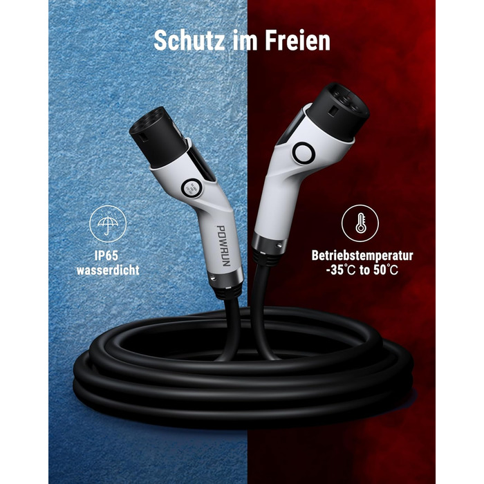 Зарядний кабель Powrun тип 2 22кВт 5м 32А з сумкою для перенесення, зарядний кабель електромобіля тип 2 3-фазний IP55 водонепроник