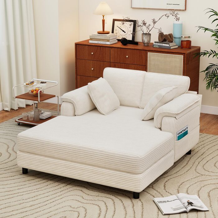 Диван-ліжко Winlice 140x150 см завширшки, двомісний вельветовий шезлонг-ліжко для гостей з 4 кишенями для зберігання речей та 2 подушками, що прається та нековзне, каркас з дерева та заліза, бежевий Диван-ліжко з вельвету Диван-ліжко з вельвету бежевого к