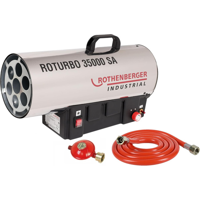 Промисловий газовий обігрівач/нагрівальна гармата Rothenberger з п&39єзоелементом, шлангом, регулятором, захистом від розриву шланга RoTurbo 35000SA 1000C Регульований Включає Bluetooth-динамік, час роботи до 30 годин RoTurbo 35000 з регульованою функцією
