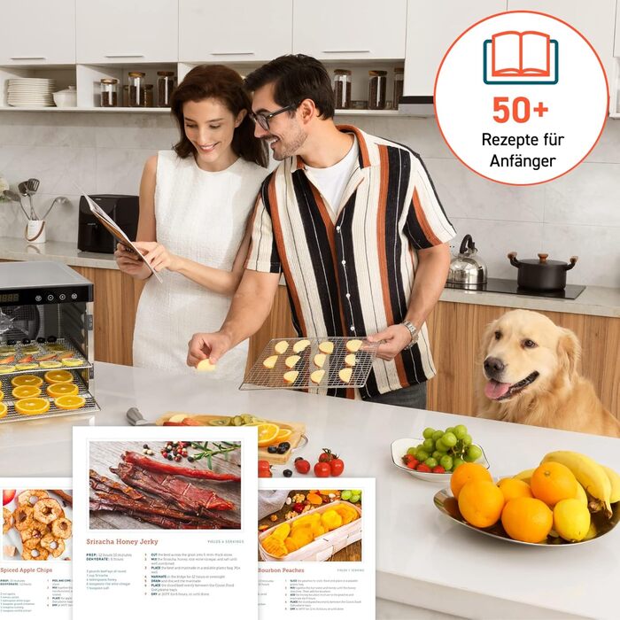 Дегідратор COSORI з нержавіючої сталі, дегідратор їжі з 50 рецептами, в т.ч. 6 лотків для дегідраторів з нержавіючої сталі, 3 решітки для дегідратора, 3 килимки для дегідратора, велика площа 0,6 м, таймер на 48 годин, світлодіодний дисплей (35-75C) і 650 