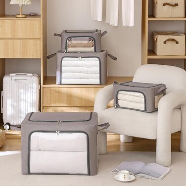 Коробка для зберігання одягу з 2 предметів, складна коробка для зберігання одягу з металевим каркасом та 3 віконцями, сумка для зберігання ковдр, пледів та одягу, сіра (24 л) 2 предмети - сірий - 24 л