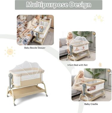 Дитяче ліжко LIFEZEAL з москітною сіткою, дитяче ліжечко-тумбочка з матрацом та колесами, дорожнє ліжечко з 6 регулюваннями висоти, портативна дитяча колиска для малюків 0-6 місяців, колиска з кошиком для зберігання (бежевий)
