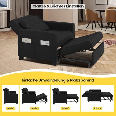 Крісло-ліжко Yaheetech з функцією ліжка 3-в-1, розкладний диван-ліжко, трансформоване крісло-ліжко, регульоване одномісне крісло з бічною кишенею, спальна зона 190 x 71,5 см, для невеликих приміщень, чорний колір