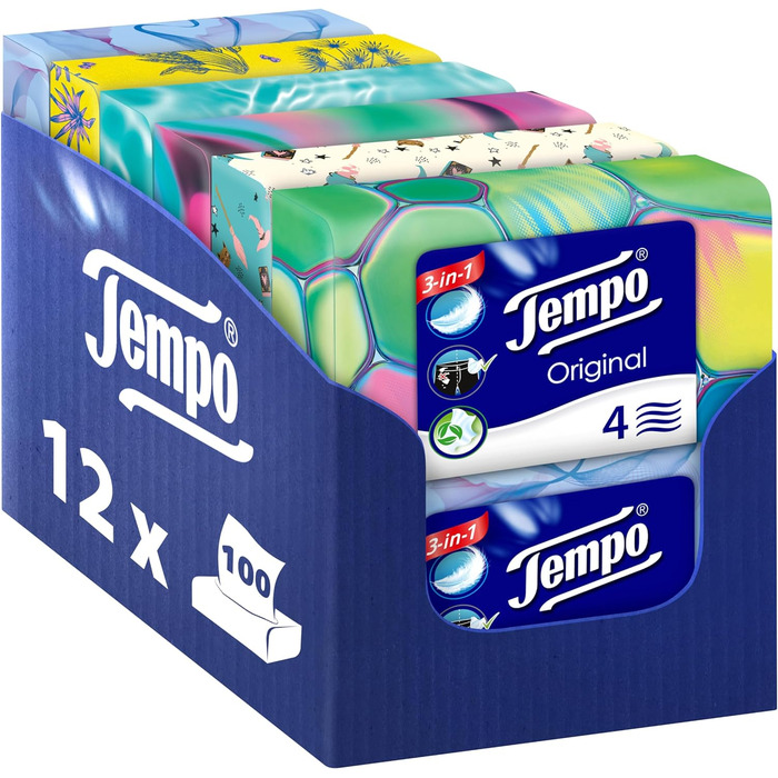 Оригінальні носові хустинки Tempo Duo Box - Value Pack - 12 коробок, 100 серветок в коробці - дуже міцні, м'які паперові носові хустки, можна прати в пральній машині