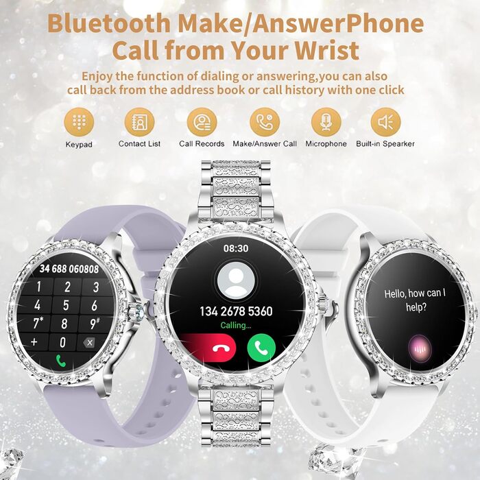 Жіночий смарт-годинник із функцією телефону Diamond, круглий HD-смарт-годинник 1,32 дюйма, 120 спортивних режимів, IP68 сумісний з Android та iOS, 3 срібних ремінці Diamond