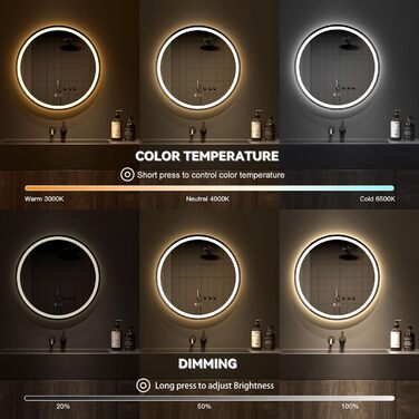 Дзеркало для ванної кімнати Dripex з підсвічуванням Кругле світлодіодне дзеркало з динаміком Bluetooth і сенсорним перемикачем, регульоване, 3 кольори світла, кругле дзеркало для ванної кімнати з підсвічуванням, без запотівання 50x50 см Bluetooth без запо