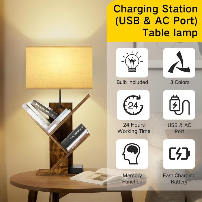 Книжкова полиця GOOGO у формі дерева з підсвічуванням та зарядною станцією, 4-рівнева окремостояча полиця для книг та компакт-дисків, 3 колірні температури, настільна книжкова полиця для вітальні, спальні та домашнього офісу (коричнева)