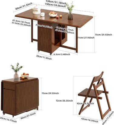 Розкладний стіл, компактний, багатофункціональний кухонний/обідній стіл, розсувний з масиву дерева та колесами, що обертаються на 360, для 2-8 осіб у невеликих квартирах. Розкладний обідній стіл, горіх (150 см).