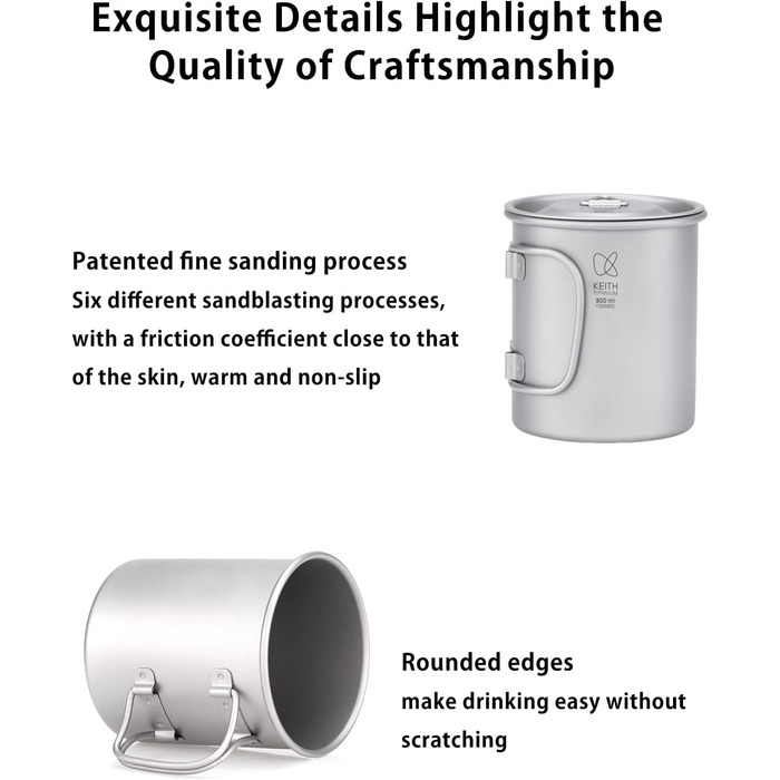 Кухоль Keith Titan Mug, кемпінговий горщик, чашка для кави та чаю на відкритому повітрі з кришкою та складною ручкою 200 мл/300 мл/400 мл/450 мл/500 мл/600 мл/900 мл, легкий посуд для походів, пікніка, напоїв (600 мл Ti3207)