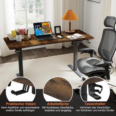 Електричний стіл з регулюванням висоти 16060 см, комп&39ютерний стіл, 3 функції пам&39яті, гладка поверхня, порт Type-C, органайзер для кабелів, гачок для навушників та підсклянник, вінтажний коричневий 160 x 60 см вінтажний коричневий