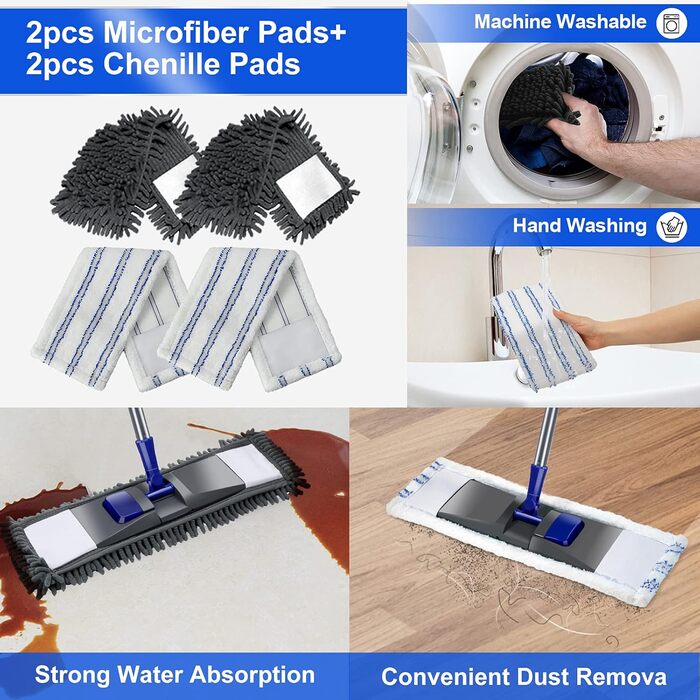 Швабра для миття підлоги, швабра з мікрофібри з телескопічною ручкою 128 см, швабра для підлоги з 4 швабрами для твердої деревини,