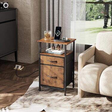 Приліжкова тумба WLIVE з функцією зарядки, бічний столик з 2 USB-портами та 2 розетками, 3-ярусна тумба для спальні, вітальні, офісу (колір рустик-коричневий)