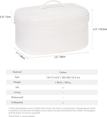 Кошик для зберігання Sea Team Oval з бавовняної мотузки з кришкою, плетений кошик для зберігання з кришкою, дитяча кімната, кошик для підгузків, кошик для дитячого душу, коробка, органайзер, 38,1 x 27,9 x 16,5 см, білий