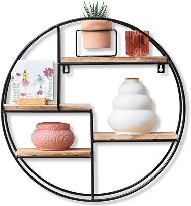 Настінна полиця Gadgy кругла - Настінна полиця з 4 полицями - Настінна полиця з дерева та звареного надтовстого металу - Оздобленн