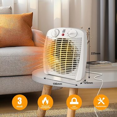 Портативний вентилятор-обігрівач з 3-ступінчастим регулюванням потужності (1000 Вт/2000 Вт/Холодне повітря), портативний тихий електричний обігрівач із захистом від перегріву та перекидання, невеликий обігрівач для спальні, офісу та ванної кімнати