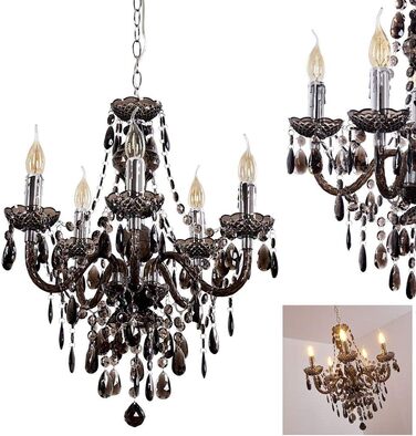 Металева люстра в чорному/хромованому кольорі, підвісний світильник 5-light, 5 x E14, класичний підвісний світильник з декоративними кристалами, вінтажний/ретро дизайн, без лампочки (чорний, прозорий, прозорий)