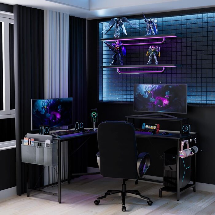 Геймерський стіл Supfine L-подібної форми з кронштейном для монітора, текстура з вуглецевого волокна, кутовий стіл з розетками та USB-портами, відділенням для зберігання речей (чорний)