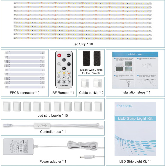 Світлодіодна стрічка 3 м, світлодіодна стрічка під шафою для кухні під шафою Комплект світлодіодного освітлення з радіочастотним пультом дистанційного керування для вітрини, кухні, столу, полиці, шафи, з адаптером 12 В ЄС, 6500K (теплий білий, 5 метрів)