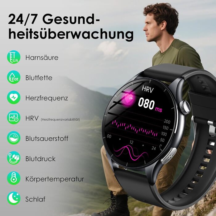 Новий смарт-годинник 2026 року для чоловіків з ЕКГ/монітором батареї/ІМТ/ВСР/сечовою кислотою/світлодіодним підсвічуванням, круглий AMOLED-годинник 1,56 дюйма з 24-годинним монітором артеріального тиску/SpO2/пульсометром, монітором сну/апное, екстреним ви