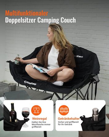Розкладний кемпінговий диван KingCamp (до 300 кг), розкішне розкладне кемпінгове крісло для 2 осіб, м&39який кемпінговий диван з підлокітниками, подвійне кемпінгове крісло з високою спинкою, 1-, 2- та 3-місна кемпінгова лавка для саду або балкону (L - чор