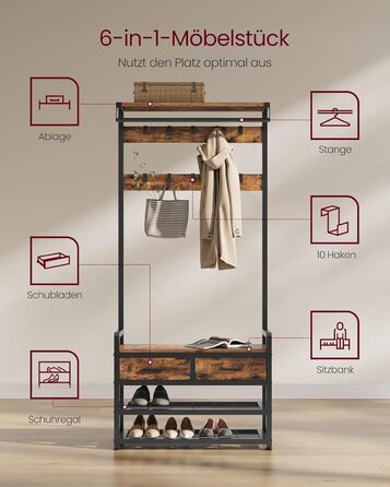 Вішалка для одягу VASAGLE з лавкою для взуття, шафа, місце для зберігання взуття, 2 шухляди для тканини, 10 гачків, 6 бічних гачків, 30 x 80,4 x 181,6 см, вінтажний коричневий-чорний HSR429B01 Вінтажний коричневий, чорнильний