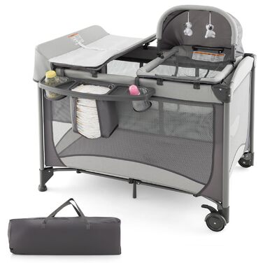 Дорожнє ліжечко 5-в-1 для немовлят з матрацом, 110 x 78 см, Ліжечко Side-by-Side з колискою та пеленальний килимок, Повний комплект дитячого ліжка для новонароджених та дітей до 36 місяців (сірий)