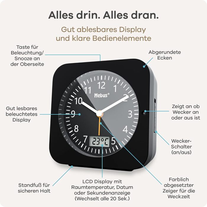 Бездротовий будильник MEBUS з дисплеєм температури, дата, розмір подорожі, живлення від батареї, відкладений будильник, великий дисплей, з підсвічуванням, колір білий, модель 25610 L 4.3 x Ш 9.3 x В 9.4 см (чорний, одинарний)