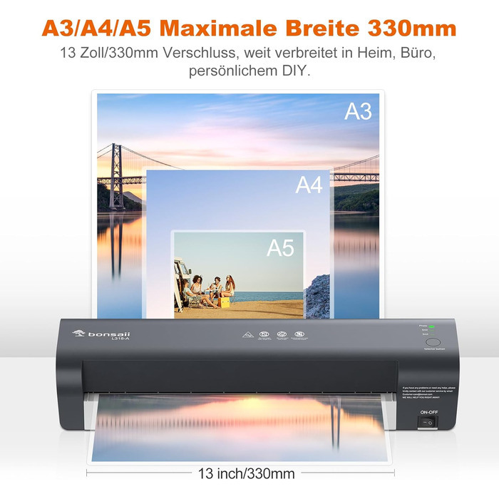 Ламінатор Bonsaii A3, швидкий нагрів та ламінування, 80-125 мікрон, захист від застрягання, ламінатор для школи, офісу та домашнього використання (L318-A) 13 дюймів 5 пакетів