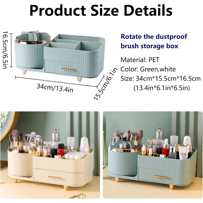 Органайзер для макіяжу DASITON, що обертається на 360, тримач для пензлів для макіяжу, зберігання косметики з шухлядами, великий органайзер для туалетного столика для спальні, ванної кімнати, органайзери для макіяжу та догляду за шкірою (зелений)