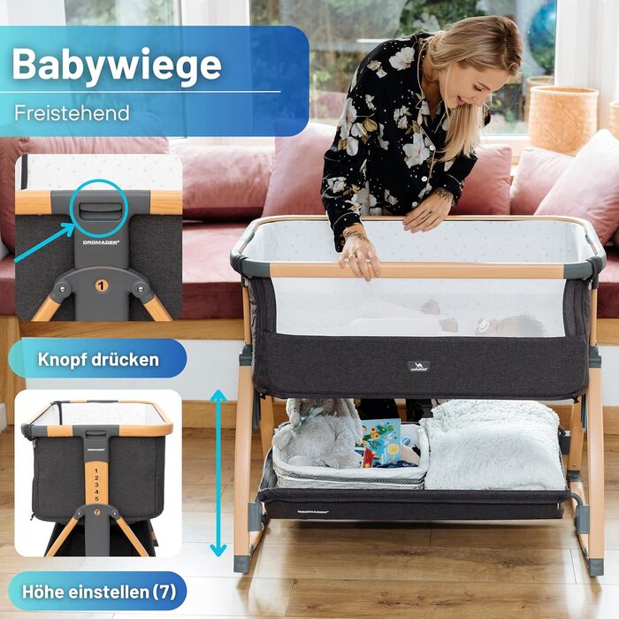 Дитяче ліжечко DROMADER 3-в-1 - Дитяче ліжечко, шезлонг, дорожнє ліжечко з матрацом, 0-6 місяців, макс. 9 кг - Колиска з 7 регулюваннями висоти, функція гойдання, дихаюча сітка - сумка для перенесення