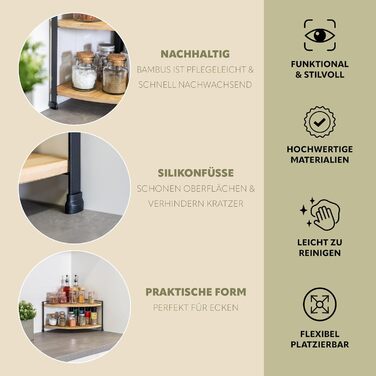 Кутова полиця для спецій eluno з бамбуковими полицями та захистом від подряпин, окремостояча кутова полиця для кухні, універсальний органайзер для більшого простору та порядку - комбінація матеріалів бамбук та метал (чорний)