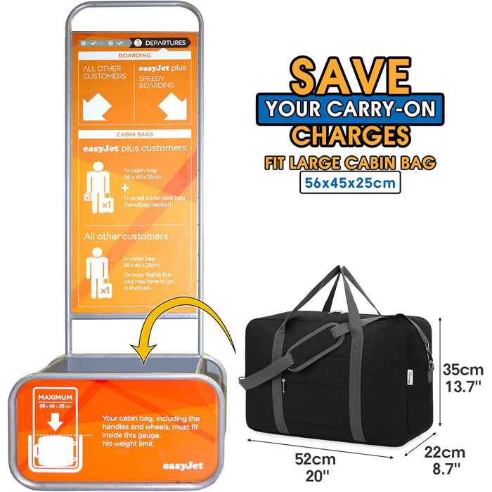 Ручна поклажа Narwey для літака, складна дорожня сумка, жіноча сумка для вихідних, спортивна сумка, жіноча та чоловіча ручна валіза, велика 40 л (чорна) A-black 40 л