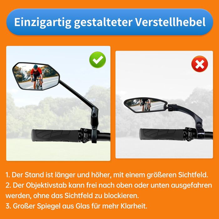 Велосипедне дзеркало, нове функціональне велосипедне дзеркало заднього виду з контрольованим напрямком висування, HD справжнє скло для електросамоката, велике велосипедне дзеркало з обертанням на 360 для керма електровелосипеда ліве (22,2-25,4 мм)