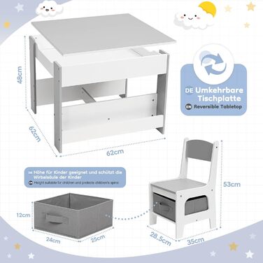 Дитячий стіл Yorbay з 2 стільцями, дерев&39яний дитячий комплект меблів з місцем для зберігання та книжковими полицями, стіл для малювання 3 в 1, стіл для активності та стіл для гри в клас, дитяча кімната, ігрова кімната, для дошкільнят (сірий)