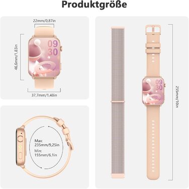 Жіночий смарт-годинник Blackview, Bluetooth-дзвінки/світлодіодні ліхтарі/2 браслети (силікон/нейлон), спортивний годинник з монітором серцевого ритму, сну, SpO2, кроків, калорій та кілометражу, 350 мАг (6 днів), фітнес-годинник для Android та iOS, рожевий