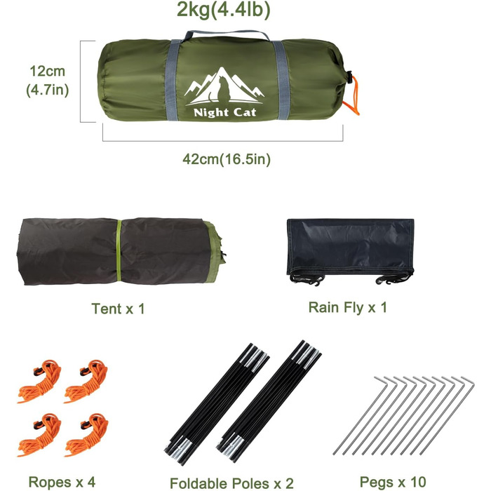 Двомісний кемпінговий намет Night Cat водонепроникний туристичний намет для двох осіб, легке встановлення, легкий, для походів на задньому дворі, армійсько-зелений