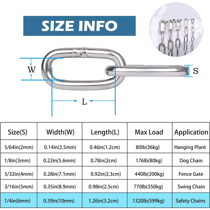 Подовжувач ланцюга Hannger з нержавіючої сталі - 5 м 3 мм Металеві підвісні котушки безпеки Міцний ланцюг до 80 кг Завантажуваний для тіньових вітрил Прикраса огорожі Намисто для собак Орнамент ліхтаря Повітряна йога (0,6 метра 2 шт. и, Ø 6мм)