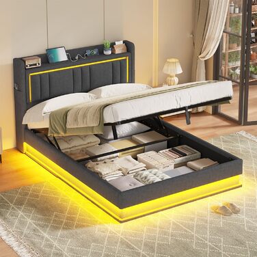 Ліжко зі світлодіодним освітленням, гідравлічне ліжко 140x200 см, м&39яке ліжко, узголів&39я з місцем для зберігання, зарядна станція, каркас ліжка з рейковою основою, візуальний ефект &quotплаваючий&quot, спальня, лляна тканина сірого кольору 140 x 200 С