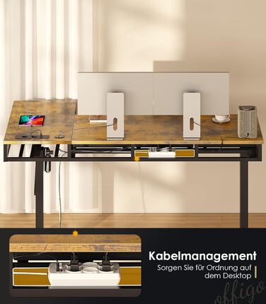 Кутовий стіл OffiGo, регульована висота, 160x80 см, Стіл з регульованою висотою та 4 шухлядами, електричний L-подібний стіл з розеткою для офісу та навчання, великий кутовий стіл, вінтажний коричневий, 160 x 80 см