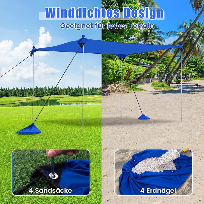 Пляжний намет COSTWAY 230 x 200 см, UPF 50, Сонячний намет з піщаними кріпленнями, мішками з піском та 2 опорними стійками, портативний сонцезахисний навіс, сонцезахисний тент для пляжу, риболовлі, пікніка (синій) 230 x 200 см синій