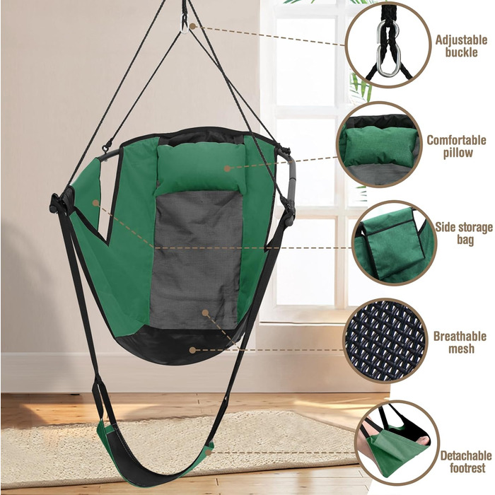 Підвісне крісло Chihee з підставкою для ніг, гамак-крісло з металевим каркасом U-подібної форми, міцне крісло-гойдалка Teslin з тканини Оксфорд з боковими кишенями, підголівник, карабін, міцна опора та повітропроникність, зелений
