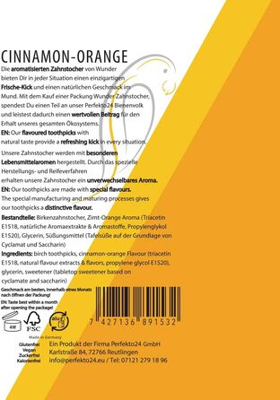 Упаковка з 6 шт. ) - Зубочистки зі смаком - Жувальна гумка без пластику - Допомагає боротися з неприємним запахом з рота - Відмова від куріння - Свіжий подих з ароматизованими зубочистками - Кориця без цукру/апельсин