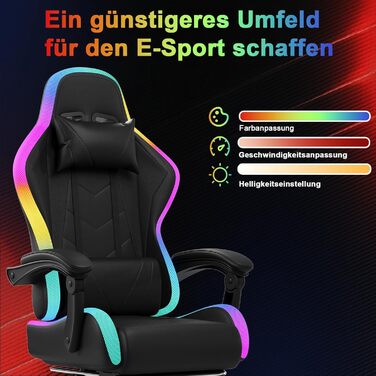 Ігрове крісло JUMMICO зі світлодіодним освітленням, круте гоночне ігрове крісло, ергономічне офісне крісло з функцією масажу, регульована спинка 90-135, з телескопічною підставкою для ніг, ігрове крісло вантажопідйомністю 150 кг, чорне