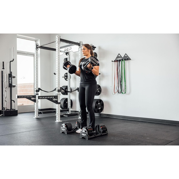 Регульовані гантелі Rep Fitness Quickdraw, доступні в кількох діапазонах ваги, включаючи 5-30, 5-40, 5-50 та 2,3-27,2 кг, 2,3 - 18 кг