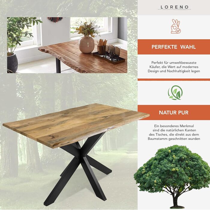 Обідній стіл Loreno ручної роботи з мангового дерева, 120x80 см - 300x100 см, стіл з масиву дерева з рельєфним краєм, основа, стійкий та стійкий - Дерев&39яний обідній стіл, Кухонний стіл, Обідній стіл з масиву дерева