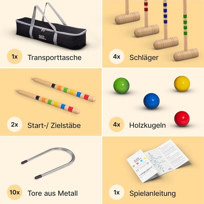Набір для крокету GICO високої якості для 4 гравців у футлярі для перенесення - довжина молотка 80 см - якість ЄС - 3224