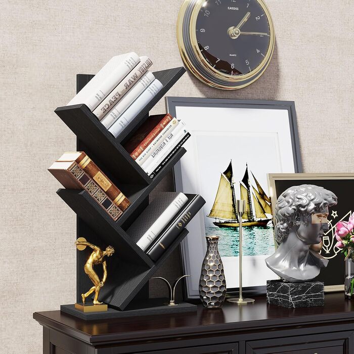 Книжкова полиця YMYNY у формі дерева, 4-рівнева перегородка для кімнати, сучасна дерев&39яна полиця для книг/фільмів/компакт-дисків, вузька підставка для спальні, домашнього офісу, чорна HBC014B 60 см 4 яруси чорного кольору